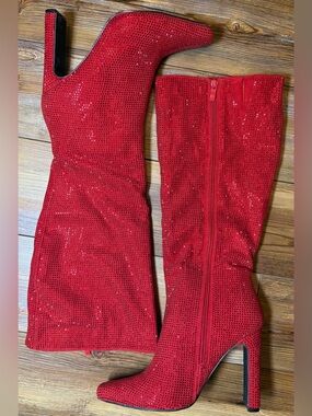 Studio Infinite Red Rhinestone Knee High Boots Womens 8.5 Wide Tabetha
